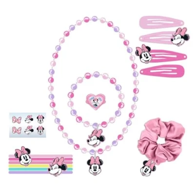Afbeelding van Minnie Beauty set voor kinderen, meerkleurig, 6 haarelastiekjes, 1 haarelastiek, 4 haarklemmen, 2 halskettingen, een ring en stickers, origineel product, ontworpen in Spanje