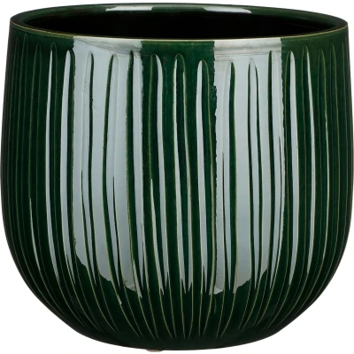 Afbeelding van Mica Decorations Plantenpot donkergroen glans ribbel D29/H25 cm Plantenpotten