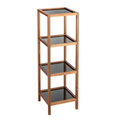 Afbeelding van WENKO Bad en woonplank Mod. Fondi, massief acaciahout met 4 etages, glazen planken in zwart, 36 x 112 cm