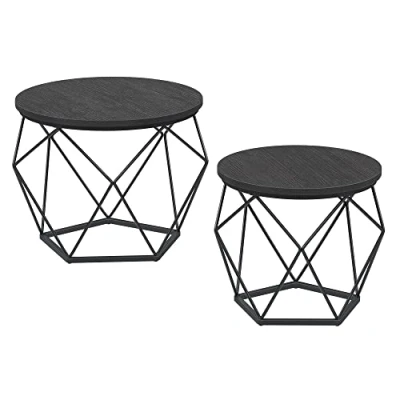 Afbeelding van VASAGLE Ronde salontafels, set van 2 bijzettafels, moderne stijl, afneembaar tafelblad, stalen frame, voor woonkamer, zwart, LET040B22
