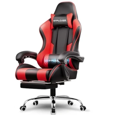 Afbeelding van GTPLAYER Game stoel massage, gaming bureaustoel ergonomische met voetensteun, verstelbare hoofdsteun en lendensteun, in hoogte verstelbaar, Rood
