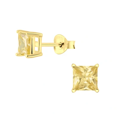 Afbeelding van JoyS Zilveren vierkant oorbellen 5 mm zirkonia champagne geel 14k goudplating