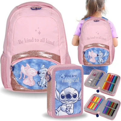 Afbeelding van DISNEY Stitch SCHOOL SET voor een meisje: Versterkte RUGZAK + ETUI met schoolspullen, SCHOOLKIT