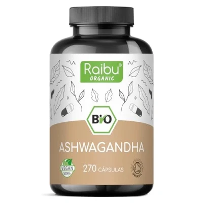 Afbeelding van Biologische Ashwagandha 270 Capsules 2400 mg per Dagelijkse Dosis Puur Withania Somnifera Poeder Natuurlijk, Zonder Toevoegingen, Veganistisch Raibu