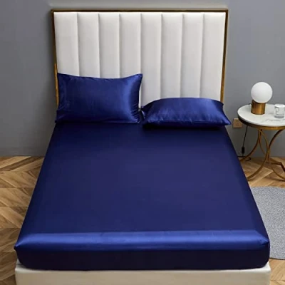 Afbeelding van Damier Satijnen hoeslaken, 140 x 200 cm, blauw met zijdeglans, luxe effen geschikt voor matrassen tot 30 cm hoog