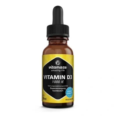 Afbeelding van Vitamine D3 Druppels Hoog Dosis 1000 IU, 50 ml (1750 Druppels), Cholecalciferol Liquide en Vegetarisch, Supplement zonder Additieven, Made in Germany