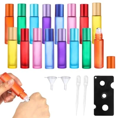 Afbeelding van mizikuu 16 stuks roll on glazen flessen voor etherische olie, 10 ml kleurrijke flessen, lege oliën roller met roestvrijstalen bal oliën, parfums, aromatherapmengsels,