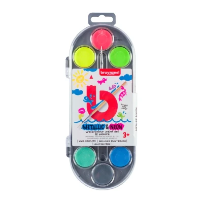 Afbeelding van Waterverf Bruynzeel inclusief penseel set á 12 metallic en neonkleuren