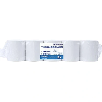 Afbeelding van 5 stuks premium thermorollen 80 mm x 12 thermisch papier bonrollen (80 12) kassarollen gecertificeerd voor kassabonprinters zoals Epson, IBM, Metapace en nog veel meer.
