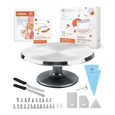 Afbeelding van Wenburg taartplaat draaibaar van aluminiumlegering 35 delig. Taartdecoratieset, draaibare met accessoires, spuitzak, spuitmonden, e book en meer, taartplateau