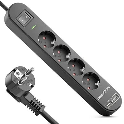 Afbeelding van deleyCON Verlengdozen 3,0m Stopcontactstrip met 4 Vakken &amp; USB 4x Beschermende Contactdozen 2x A Laadcontactdoos voor bijv. Smartphone Tablet Overspanningsbeveiliging AAN/UIT Schakelaar Zwart