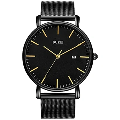 Afbeelding van BUREI Ultradun minimalistisch modern herenhorloge Zwart datumhorloge met klassiek eenvoudig ontwerp van groot gezicht en zwarte roestvrijstalen band