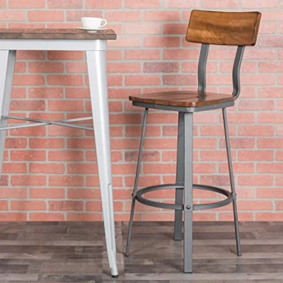 Afbeelding van Flash Furniture Flint Series Rustieke Walnut Restaurant Barkruk met Houten Seat &amp; Back en Grijs Poeder Coat Frame