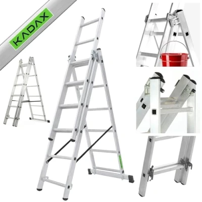 Afbeelding van KADAX multifunctionele ladder, ladder van aluminium, tot 150 kg, combiladder, staande met haken, schuifladders (6 treden)