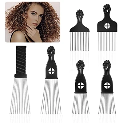 Afbeelding van 6 Stuks Afro Metalen Kam Borstel Metal Pick Plastic Haar Pols Afrikaans Picks Spike Krullend Kapsel Comb (5 Stijlen)
