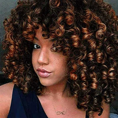Afbeelding van ColorfulPanda Afropruik, synthetisch Braziliaans kinky krullend haar voor vrouwen, zwart bruin gemengd, curly met pony, Afrikaanse korte pruiken zwarte dames (zwart bruin)