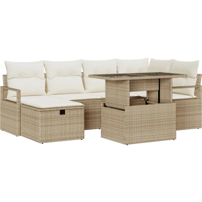 Afbeelding van vidaXL 7 delige tuinbankset met kussens in beige poly rattan