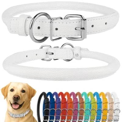 Afbeelding van CollarDirect Gerolde lederen halsband, zachte gewatteerde ronde puppykraag, handgemaakte halsband hond kleine grote kattenhalsbanden zwart roze rood paars blauw (past 19&quot; 21&quot; hals, wit)