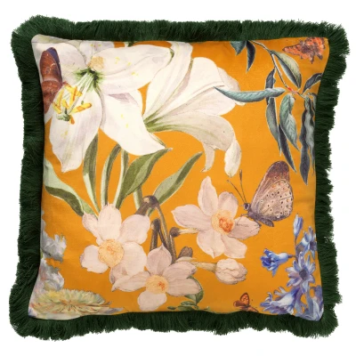 Afbeelding van Dutch Decor HANNA Sierkussen velvet 45x45 cm Golden Glow geel bloemen vlinders franjes