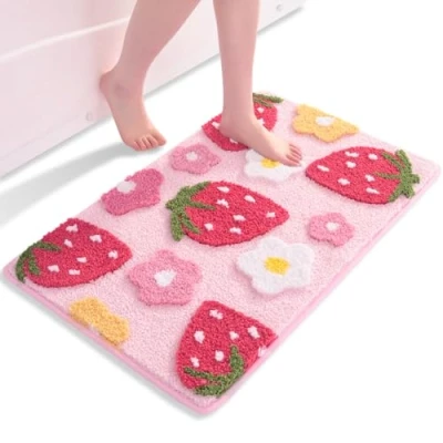 Afbeelding van QJHOMO Roze badkamertapijt, aardbei badmat, antislip, wasbaar, kleurrijke zachte microvezel, douchemat, absorberend, 50 x 80 cm
