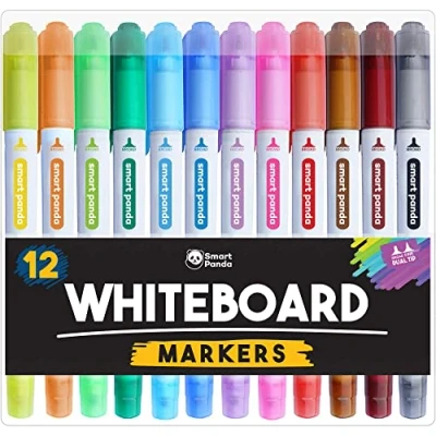 Afbeelding van 12 Whiteboard Marker van Smart Panda Dunne whiteboardstiften Met aan 2 zijden een punt, middelgroot en fijn droogwisser uitwisbare whiteboardpennen