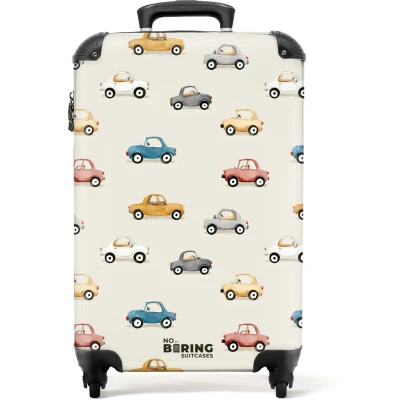 Afbeelding van NoBoringSuitcases.com® Kinderkoffer jongen Kindertrolley jongens Kleurrijke retro autootjes Handbagage koffer lichtgewicht Reiskoffer trolley kinderen Rolkoffer met wieltjes Past binnen 55x40x20 en 55x35x25
