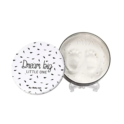 Afbeelding van Baby Art Magic Box White and Black ronde doos van metaal met modelleermassa, set voor hand en voetafdruk, cadeau geboorte of doop