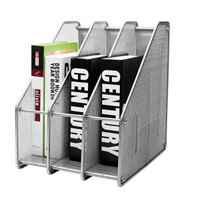 Afbeelding van EXERZ Tijdschriftenhouder Triple Rack, Mesh Metal 3 vakken verticaal Documenten/Notebooks/Folder/Organizer (Zilver)