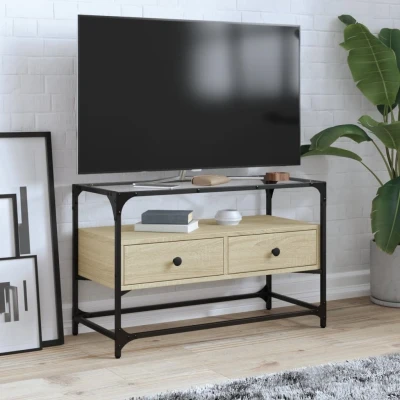 Afbeelding van Tv meubel met glazen blad 80x35x51 cm hout sonoma eikenkleurig