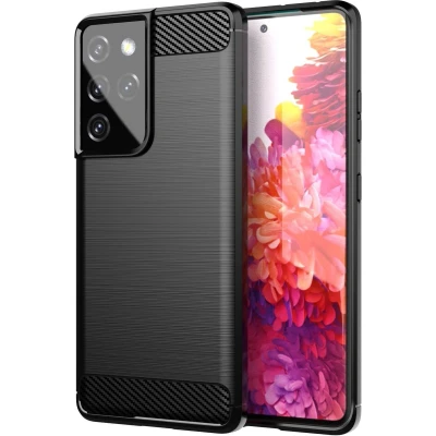 Afbeelding van Cadorabo Hoesje geschikt voor Samsung Galaxy S21 ULTRA in Brushed Zwart Beschermhoes van flexibel TPU siliconen roestvrij staal carbonvezel look Case Cover