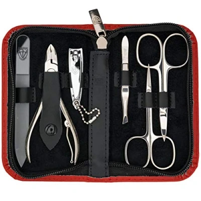 Afbeelding van DREI SCHWERTER 6 delige nagelset &#039;Verona&#039; Uitgebreide manicure en pedicureset in rood echt lederen etui Inhoud: nagelschaar, huidschaar, nagelknipper, glazen nagelvijl, pincet, nageltang