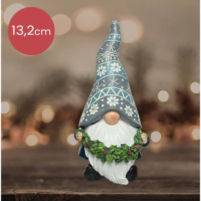 Afbeelding van Blauwe polyresin gnoom met guirlande en glitter 13,2cm