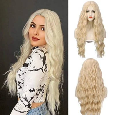 Afbeelding van ATAYOU® Lange Lace Front Pruik Platina Blonde Synthetische Pruiken Klein Stuk Diep middendeel Rechte (Blond@577) (platinablonde)