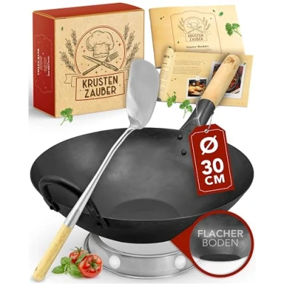 Afbeelding van KRUSTENZAUBER wokpan 30 cm voorgebrand inductie traditionele stalen met wokspatel en wokring wokpan, wok inductie, accessoires, koolstofstaal staal