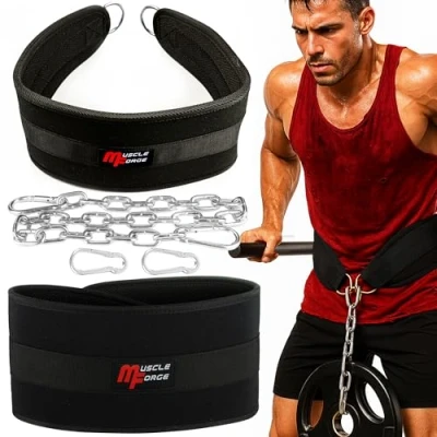 Afbeelding van MuscleForge® Dip riem, belastingsgordel tot 240 kg met een ketting en karabijnhaak, gewichtsriem voor krachttraining hangende gewichten, riem het ophangen van gewichten pull ups dips