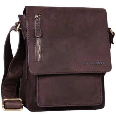 Afbeelding van STILORD &#039;Finn&#039; kleine schoudertas mannen vintage boodschappentas 8,4 inch echt buffelleer, Kleur:mat donkerbruin