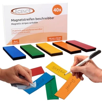 Afbeelding van ECENCE 40 Magneetstrips beschrijfbaar 100mmx30mm Kleurrijk kleefstrips om op maat te snijden uitwisbare magneetplaten Magneetetiketten voor whiteboards, koelkasten, magneetbord