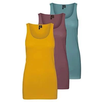 Afbeelding van VERO MODA Dames VMMAXI My Soft Long Tank Top GA 3P, geel/roze/groen (1x Chai Tea/ 1x Rose Brown / North Atlantic), M