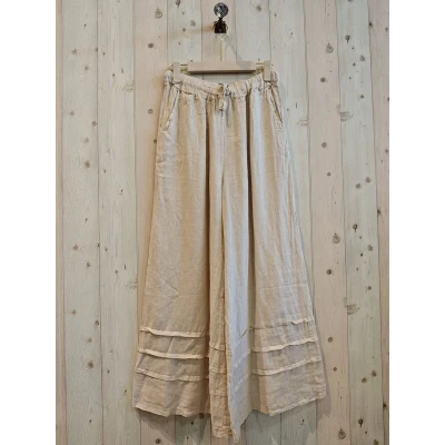 Afbeelding van Stoere Linnen broek met uitlopende pijpen decoratieve strepen onderkant kleur BEIGE maat 42