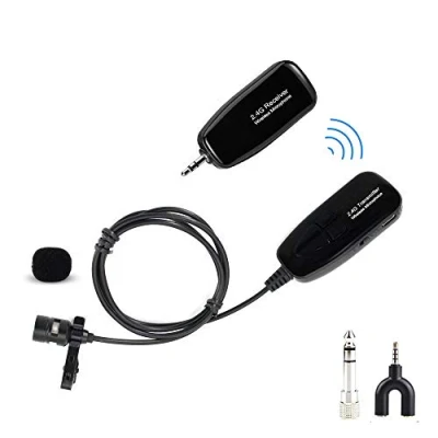 Afbeelding van Draadloze lavaliermicrofoon 2.4G, draadloos microfoonsysteem met lavalier revers microfoon, zender &amp; ontvanger voor camera, smartphone, computer, luidspreker, onderwijs, tour geleiding.