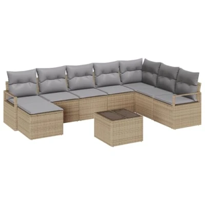 Afbeelding van vidaXL 9 Delige Tuin Sofa Set met Kussens in Zwart Poly Rattan, 2 Zits Beige Rattan