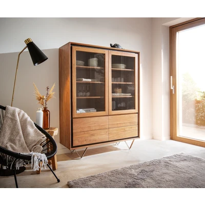 Afbeelding van Vitrinekast Stonegrace 115x150 Acacia natuur 2 deuren 4 laden steenfineer V voet