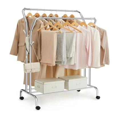 Afbeelding van SONGMICS HSR107E01 kapstok op wielen 2 kledingstangen van stalen buizen belastbaar tot 100 kg 103 5 cm breed multifunctionele opslag zilver 52.5 x 103.5 155