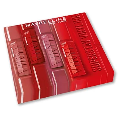 Afbeelding van Maybelline New York Exclusieve set met 4 vloeibare lippenstiften, langdurig, Superstay Vinyl Ink Kleuren: Red Hot (25)/Koy (20)/Peachy (15)/Wicked (50)