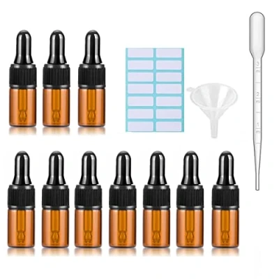 Afbeelding van SKYPRO 10Pcs Amber Glass Dropper Flessen Met Zwarte Doppen, Gemeten Pipet, Trechter En Etiketten; 2ML Glazen Oogdruppelaar Voor Essentiële Oliepipet Hervulbaar
