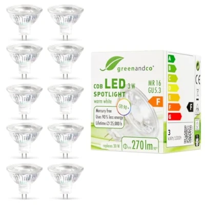 Afbeelding van 10x greenandco® CRI 90+ LED spot vervangt 30 Watt MR16 GU5.3 halogeenspot, 3W 270 lumen 2700K warm wit 38 12V AC/DC, niet dimbaar