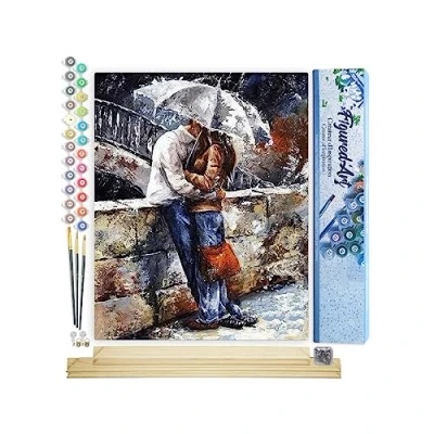 Afbeelding van Figured&#039;Art Schilderen op Nummer Volwassenen canvas Koppel in de regen Handwerk acrylverf Kit DIY Compleet 40x50cm met houten lijst