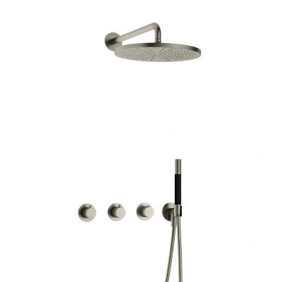 Afbeelding van Hotbath Cobber Regendoucheset IBS70 Geborsteld Nikkel Staaf handdouche 30cm Hoofddouche Wandarm Handouche met wandhouder
