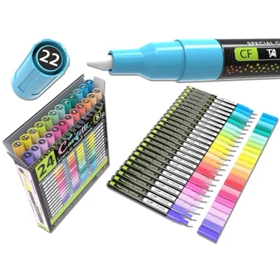 Afbeelding van 24 confettikleuren acrylverf pennen markers set 0,7 mm extra fijne punt, rotsschilderij, glas, mokken, hout, metaal, canvas, keramiek, doe het zelf projecten, illustratie. Niet giftig, op waterbasis,