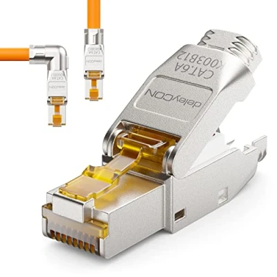 Afbeelding van deleyCON 1x CAT 6a RJ45 Stekker met een Hoek van 90 Gereedschapsloos Afgeschermd 10 Gbit/s Netwerkstekker voor Raw Cable Starre Installatiekabel Connector Ethernet LAN DSL Patchkabel